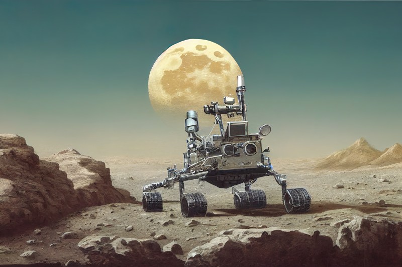 Mars Rover Exploring a distant planet, moon in the background