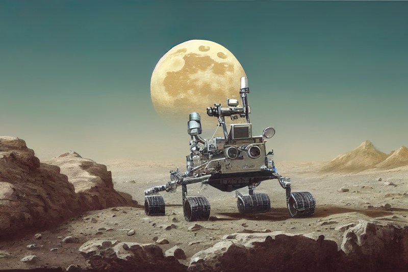 Mars Rover Exploring a distant planet, moon in the background Mars Rover Exploring a distant planet, moon in the background