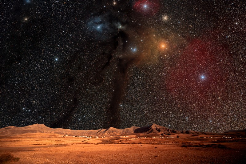 Fantastic landscape of another planet. Desert Night with stars and galaxies  (Elements of this image furnished by NASA)