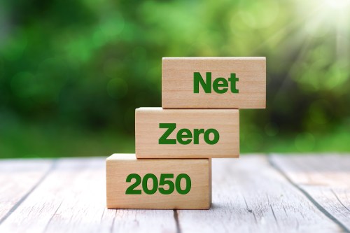 Wooden blocks with the words Net zero 2050 on wooden table over blur green tree., Environmental concept, modern Energy generation, elimination of co2, zero carbon footprint, reduction of pollution